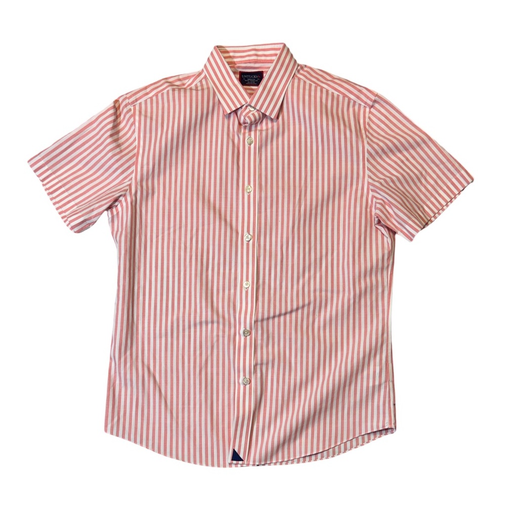 UNTUCKit mens M Medium slim fit pink white stripe short sleeve button up shirt